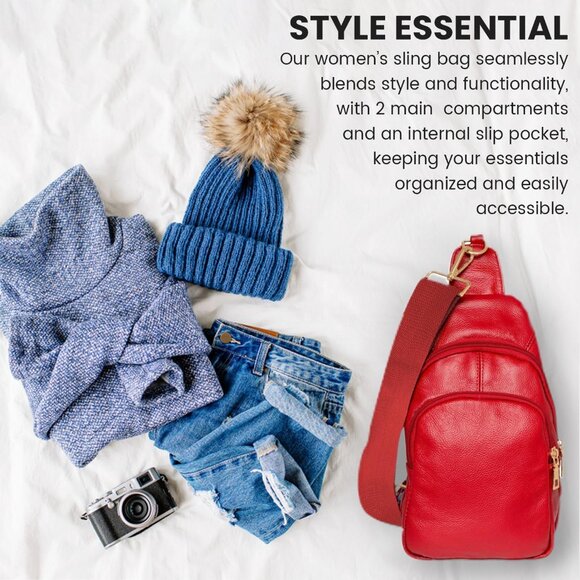 Leather Sling Bag for Women Water-Resistant Adjustable Crossbody Travel - Picture 6 of 7